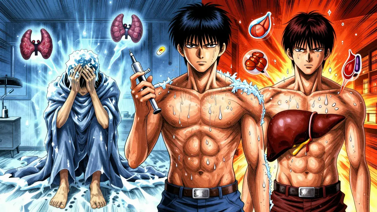 Figure caught between cold and hot environments, symbolizing thyroid and diabetes imbalance.