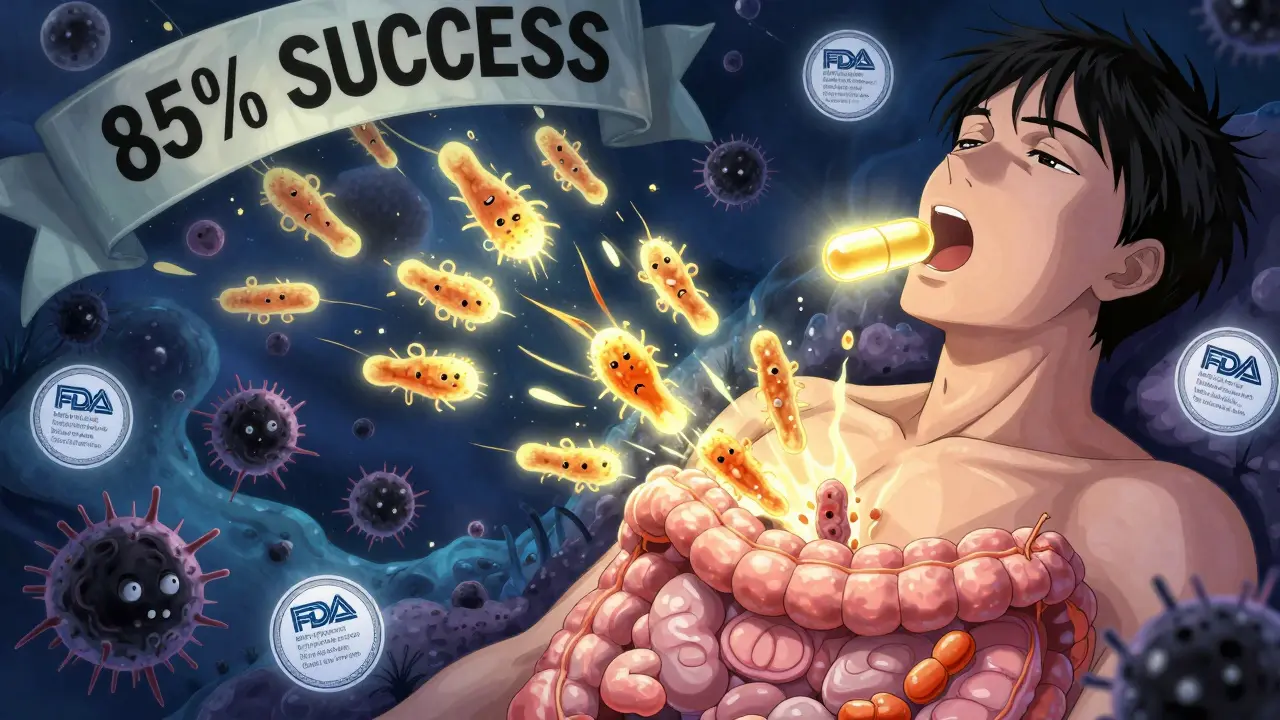 Oral FMT pill releasing beneficial bacteria to fight C. diff in glowing intestine