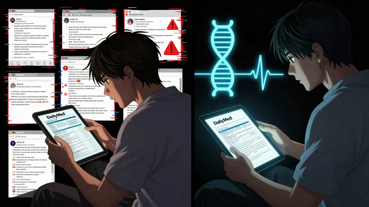Patient comparing unreliable online info with official DailyMed document, glowing PMI beside tablet.