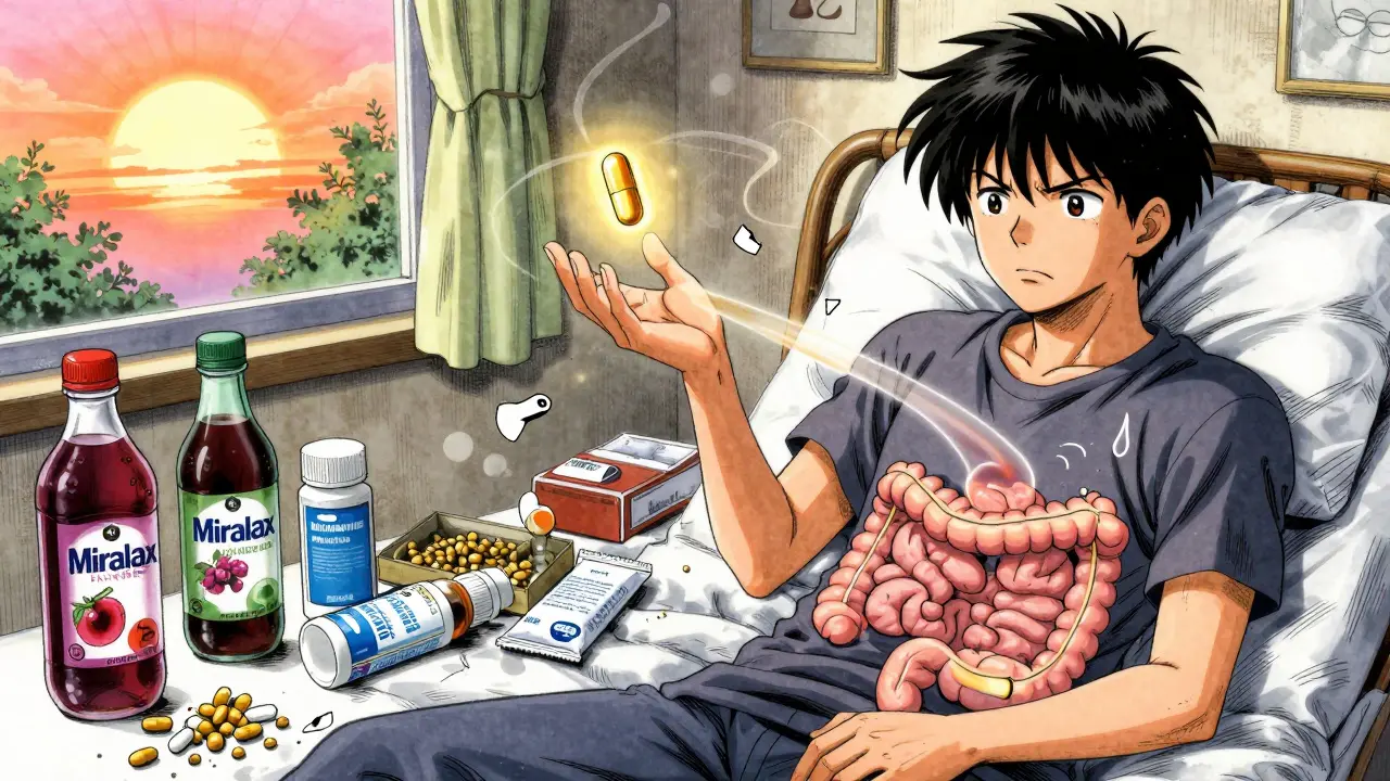 Patient surrounded by failed constipation remedies, glowing naldemedine tablet hovering as hope emerges at sunrise.