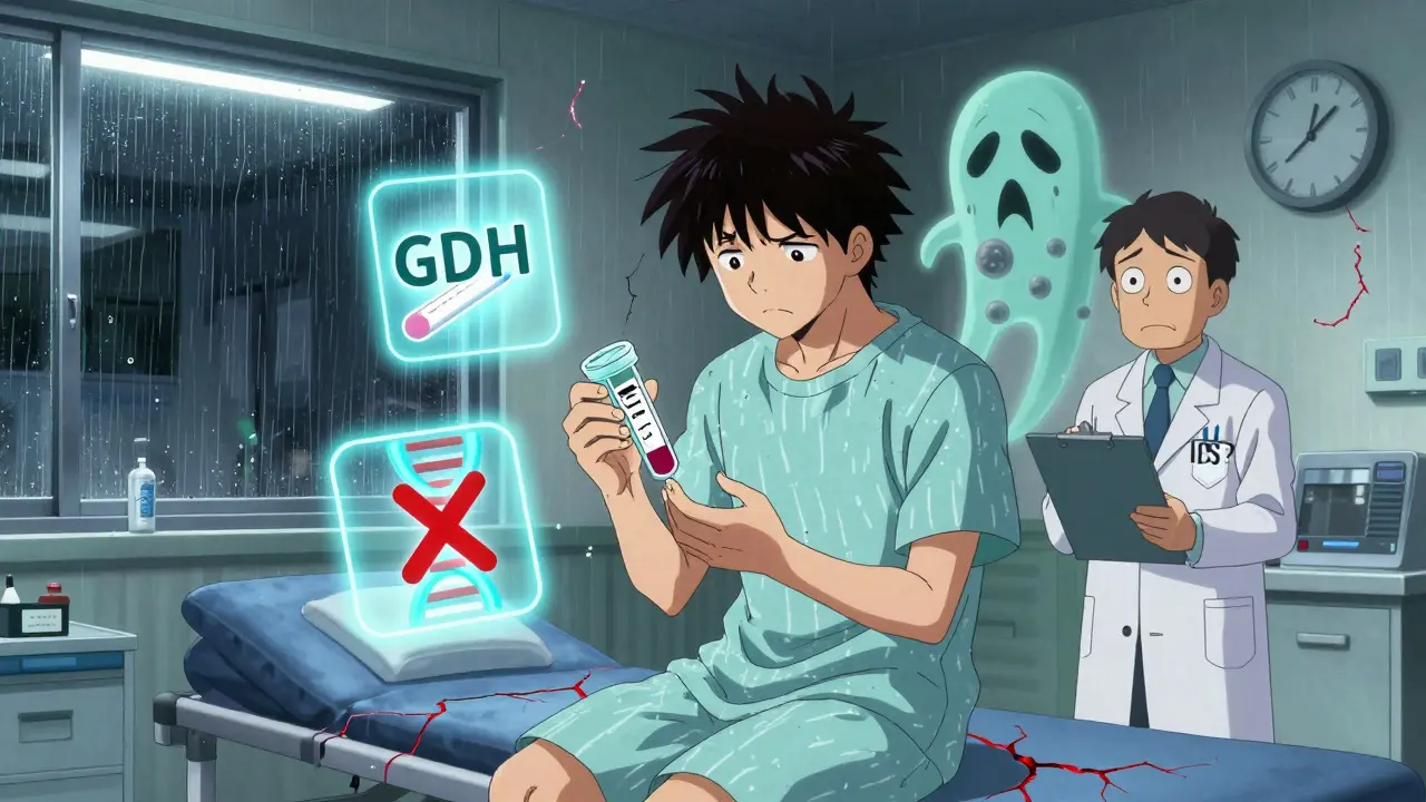 Patient with stool sample surrounded by misdiagnosis icons and glowing C. diff spore