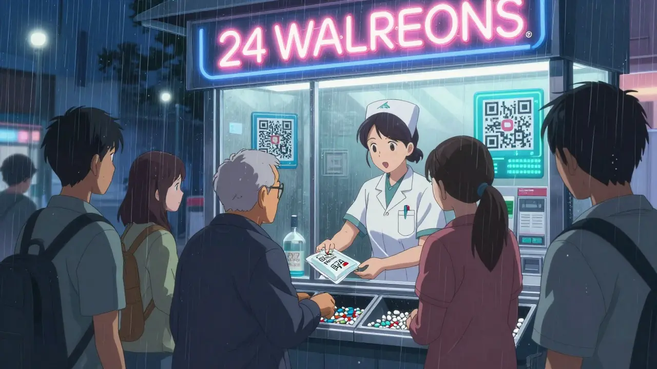 People anonymously disposing of pills at a 24-hour pharmacy kiosk under neon lights.