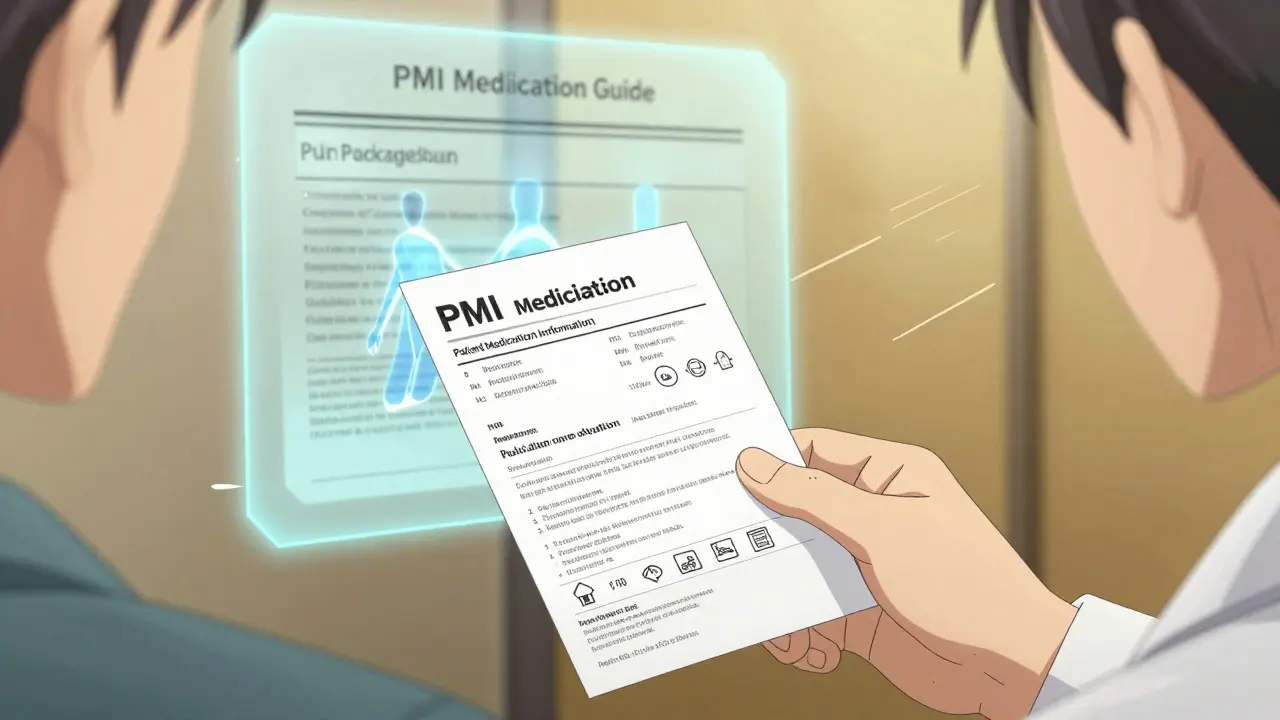 Pharmacist handing a patient a new standardized one-page medication info sheet in 2026.
