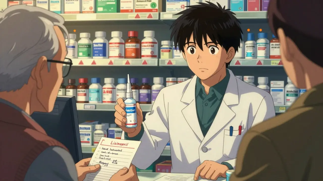 Pharmacist handing saline spray to elderly patient, with risky cold meds flashing warnings in background.