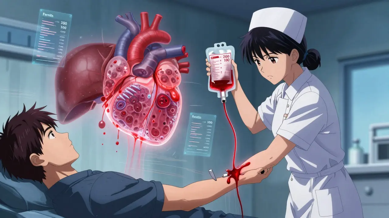 Phlebotomy session with blood flowing from arm to bag, iron crystals dissolving from internal organs in translucent overlay.