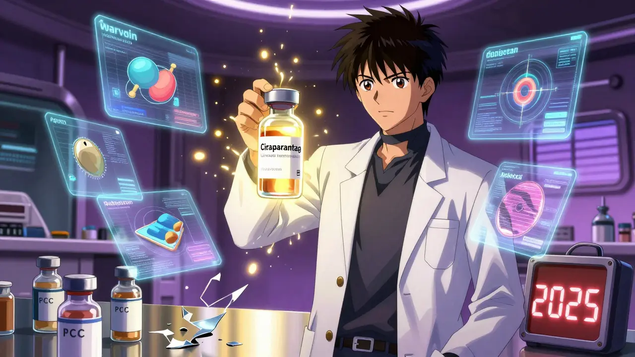 Scientist holding universal reversal agent as holograms of anticoagulants dissolve around her in futuristic lab.