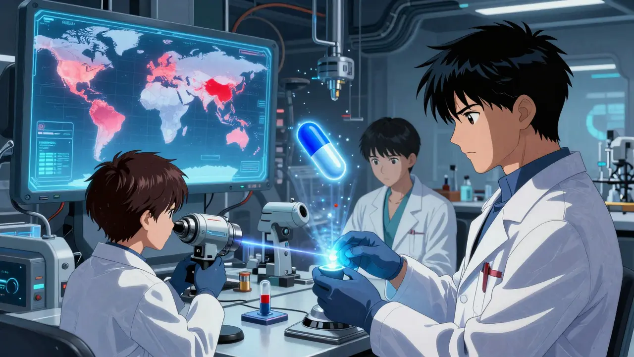 Scientists in a high-tech lab analyze counterfeit drugs using blockchain projections and laser scanners.