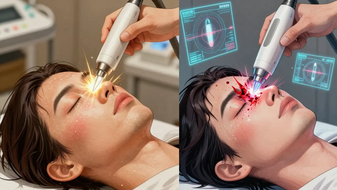 Side-by-side of RF microneedling and CO2 laser treatments on skin, with energy sparks and laser beams in anime style.