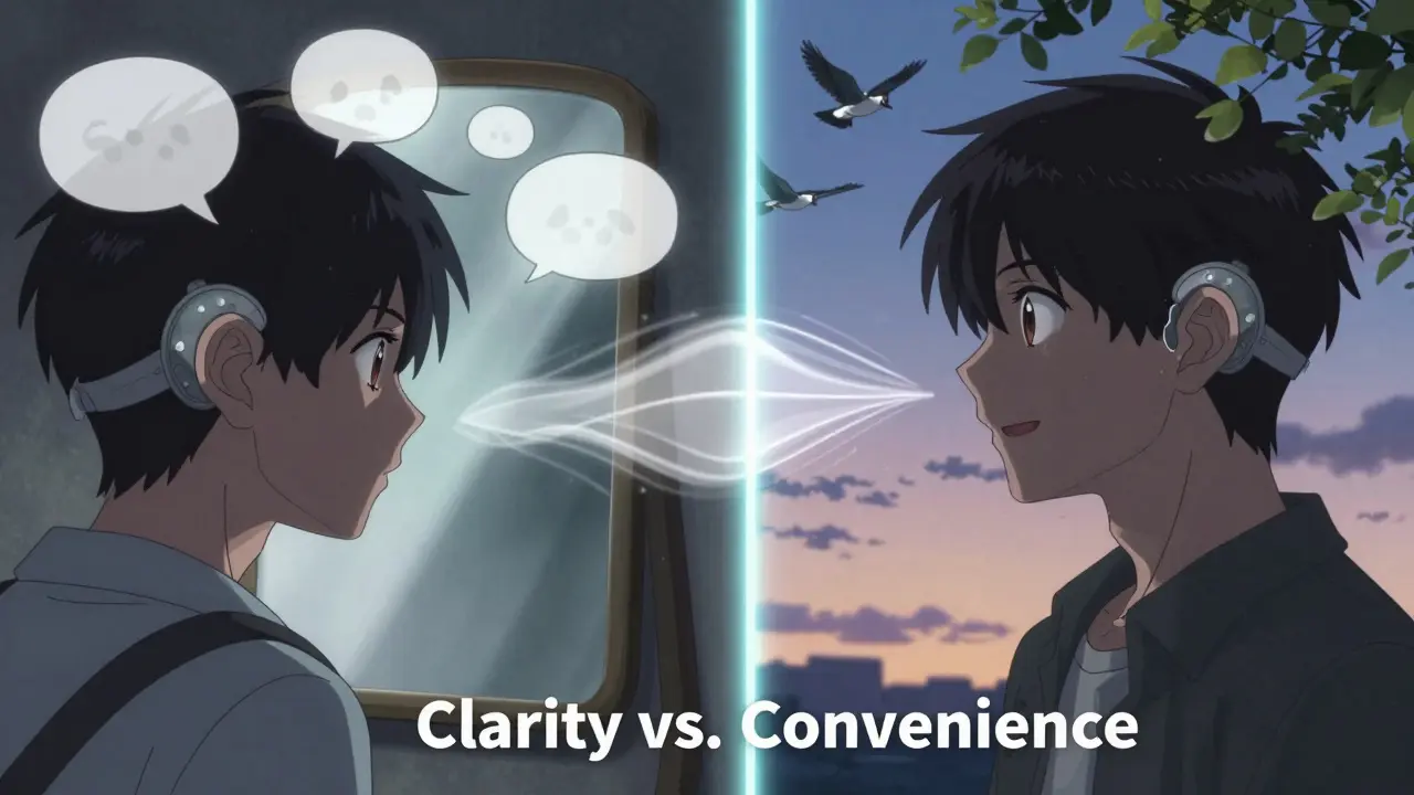 Side-by-side scene: one side shows echo-filled frustration with CROS, the other shows clear sound localization with BAHD.