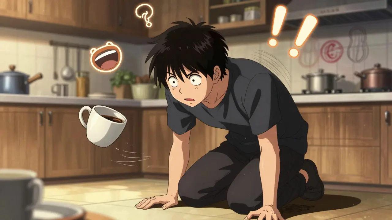 Someone collapsing from cataplexy in a kitchen, coffee cup frozen mid-air, eyes wide awake.