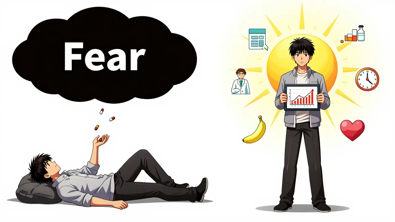 Split image: one side shows someone overwhelmed by fear of side effects, the other empowered by tracking and communication.