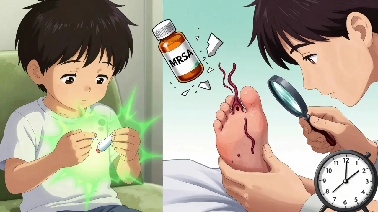 Split scene: child applying cream to impetigo, diabetic adult checking foot blister, antibiotic bottle breaking.