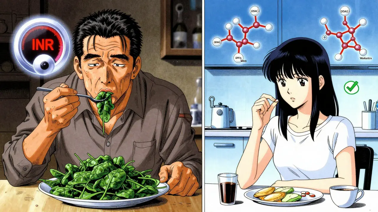 Split scene: man eating spinach with warning INR meter vs. woman taking DOAC pill with green checkmark.