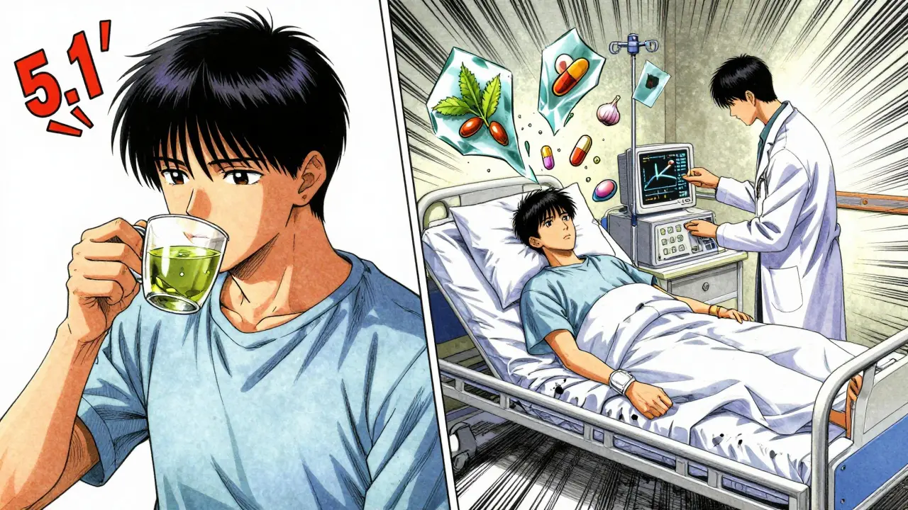 Split scene of INR spike from green tea and hospital emergency, with dangerous supplements shattering around the patient.