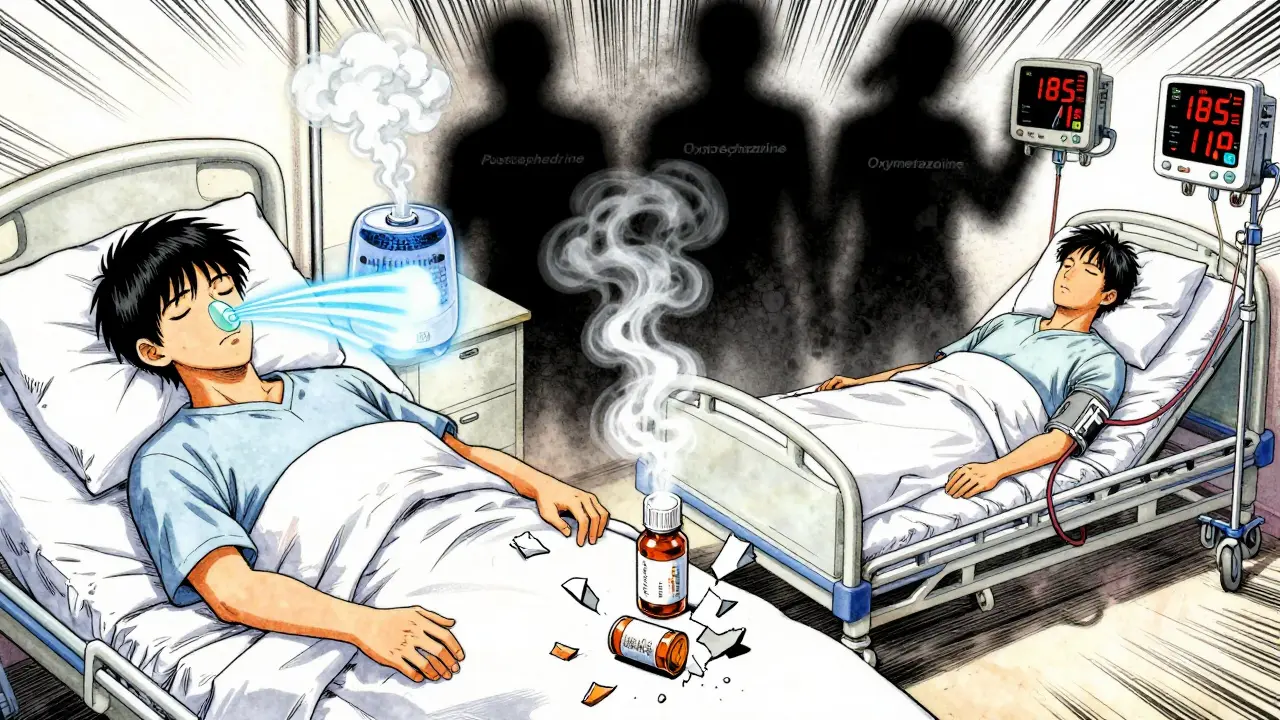 Split scene: peaceful sleep with humidifier vs. hospital emergency, broken decongestant bottle on floor.