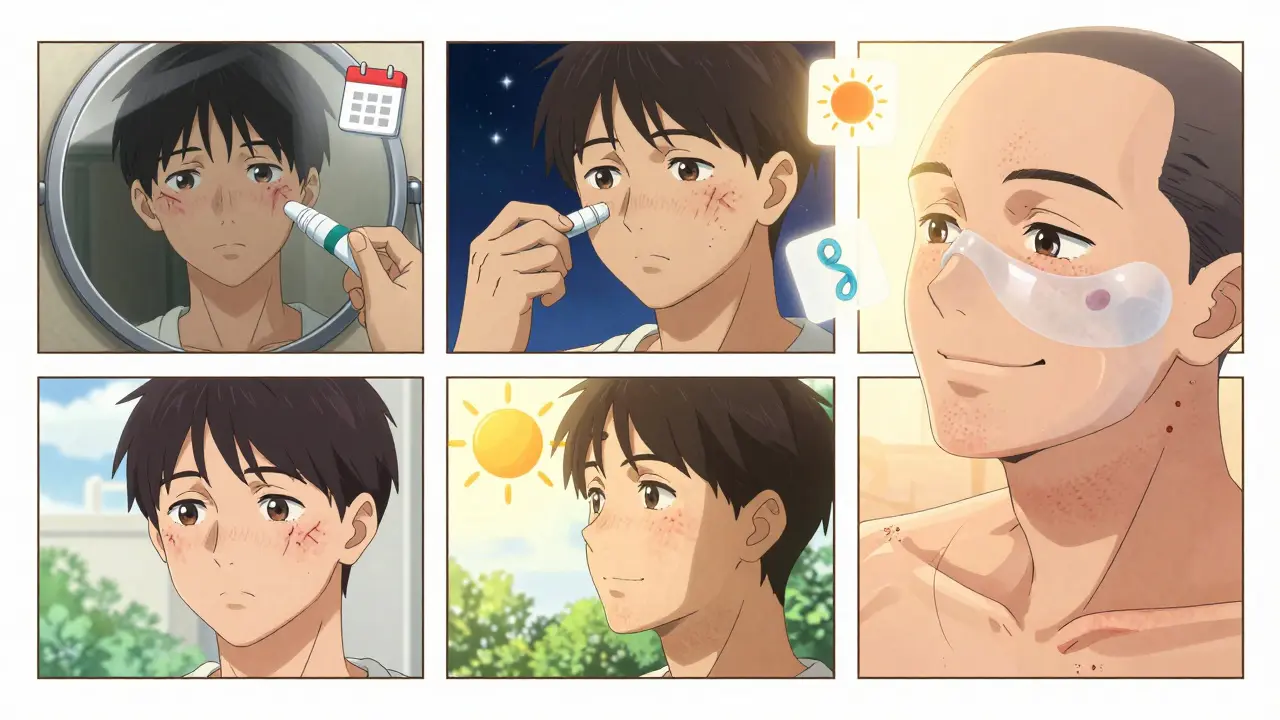 Timeline of acne scar healing: from scars to smooth skin with tretinoin, sunscreen, and silicone gel in anime style.