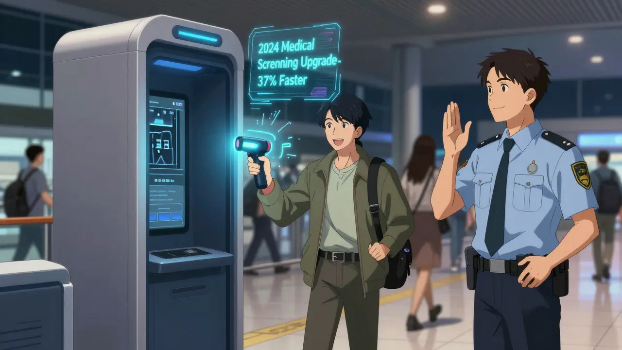 Traveler walking through advanced medical screening lane with glowing scanner.