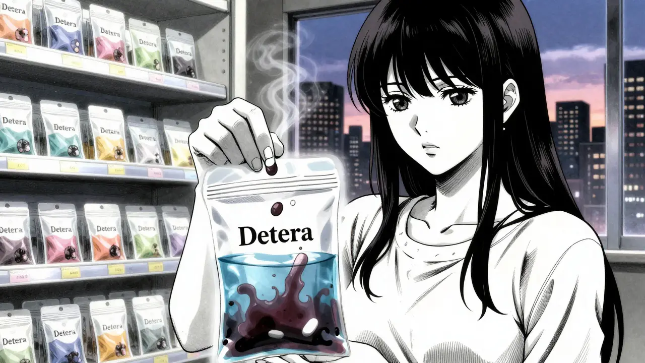 Woman placing pills into a deactivation pouch as steam rises, pharmacy shelf in background.