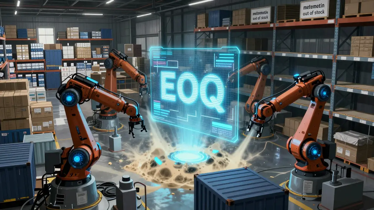 A high-tech warehouse with robotic arms and holographic supply chain data, showing contrasting stock levels of critical medications.