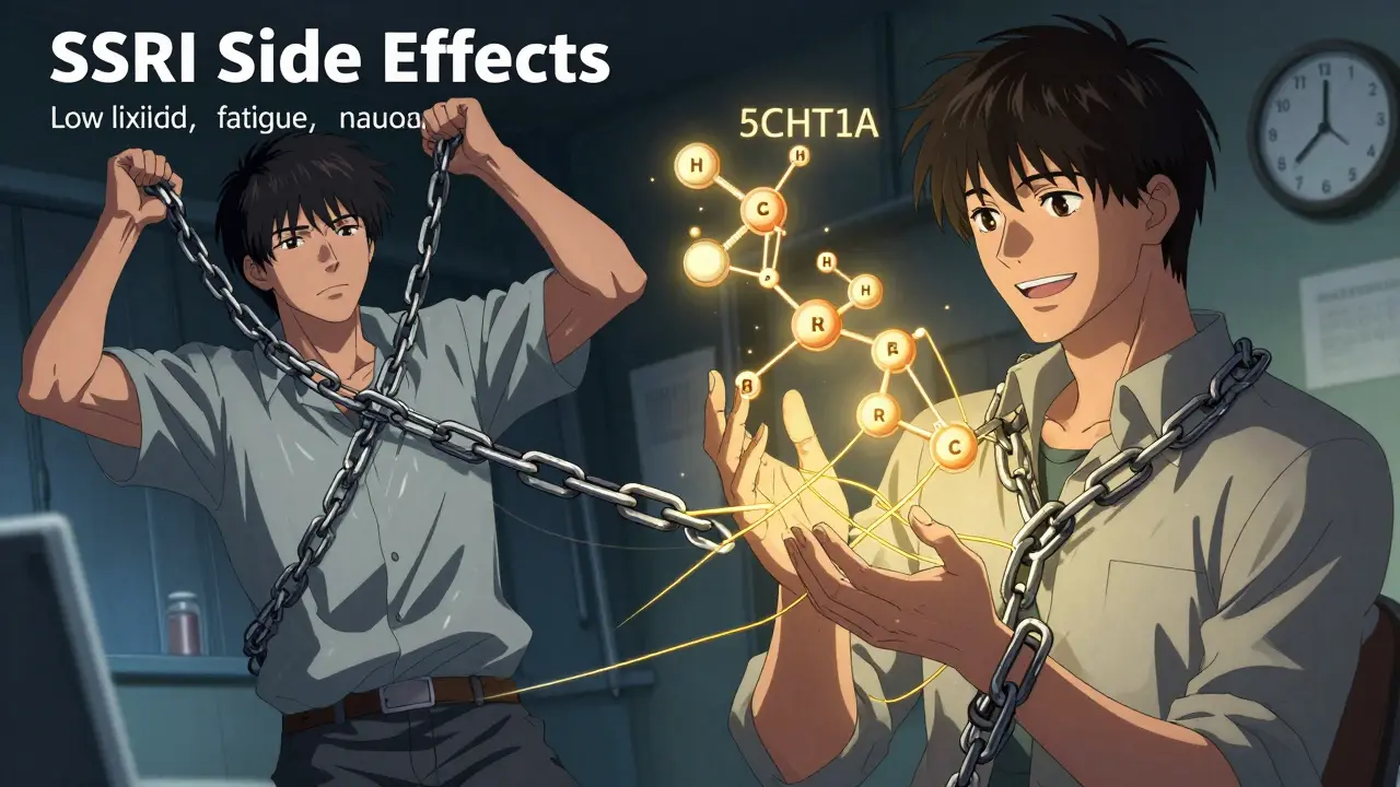 A man freed from heavy chains symbolizing SSRI side effects, with golden neural threads restoring balance.