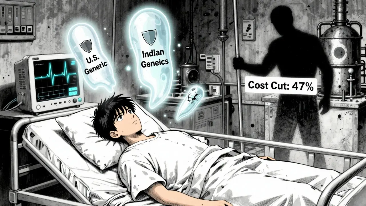 A patient in hospital with floating generic pills above, one labeled U.S. and one labeled India, showing health impact.