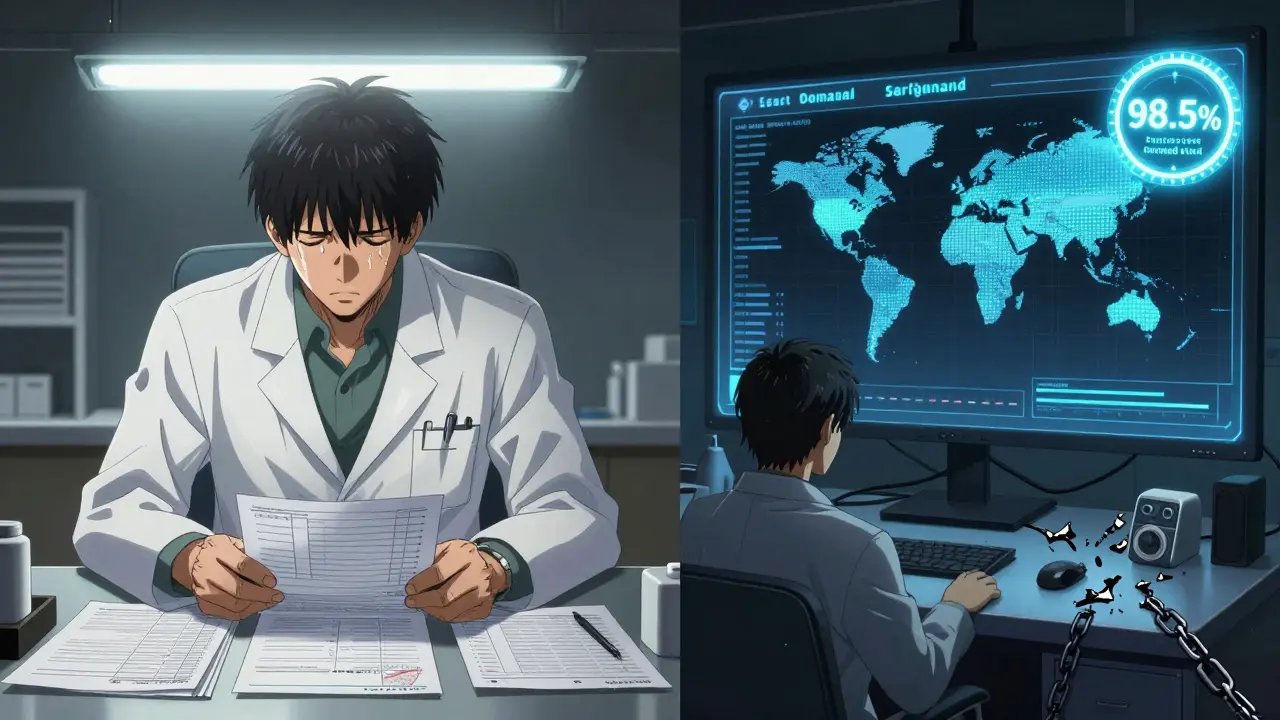 A pharmacist manually updating spreadsheets vs. a futuristic AI dashboard displaying real-time global drug demand trends.