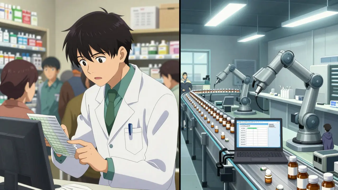 A pharmacist reviews meds in a warm pharmacy while automated warehouse robots ship pills under harsh lights.