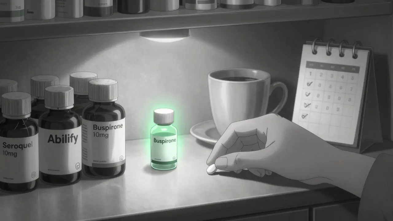 A small buspirone pill glows on a counter beside coffee, while expensive medications fade in the background.