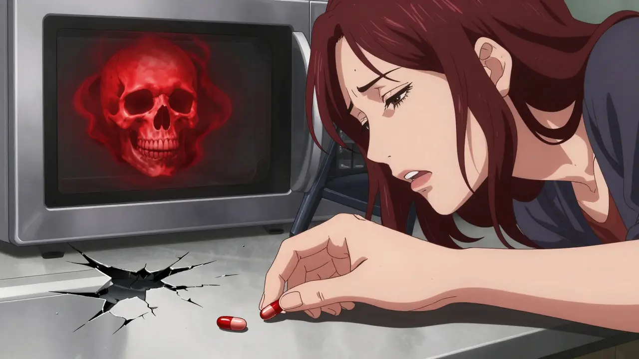 A woman’s hand dropping a blood thinner pill on the kitchen floor, with a ghostly crimson cloud forming inside her skull in the reflection.