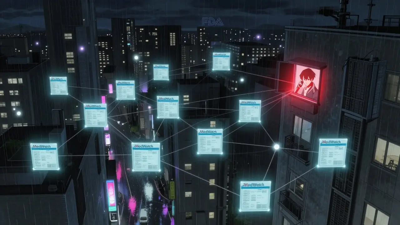 Cityscape with glowing network of patient reports converging from one apartment making a call.