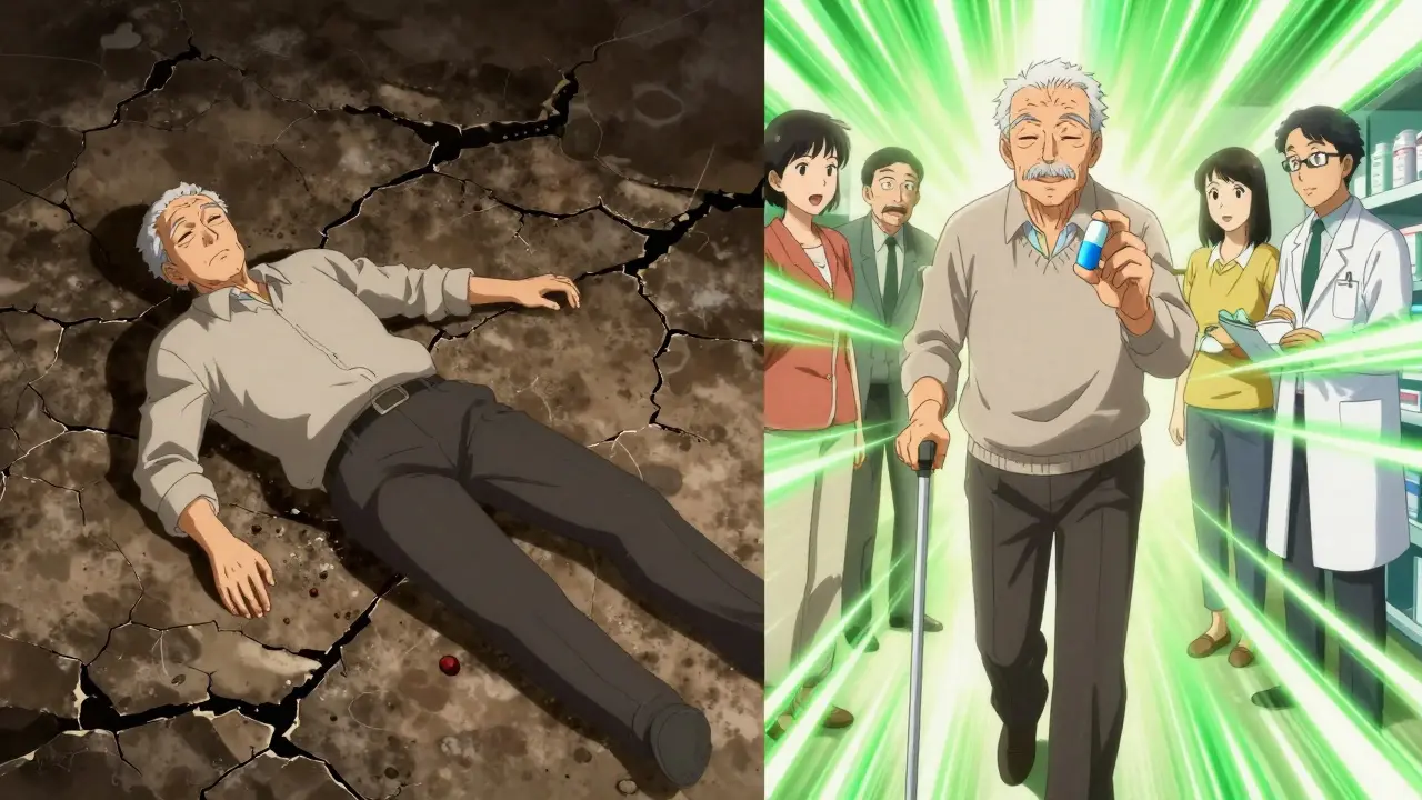 Contrasting scenes of fall risk from improper dosing versus safe medication management with family support.