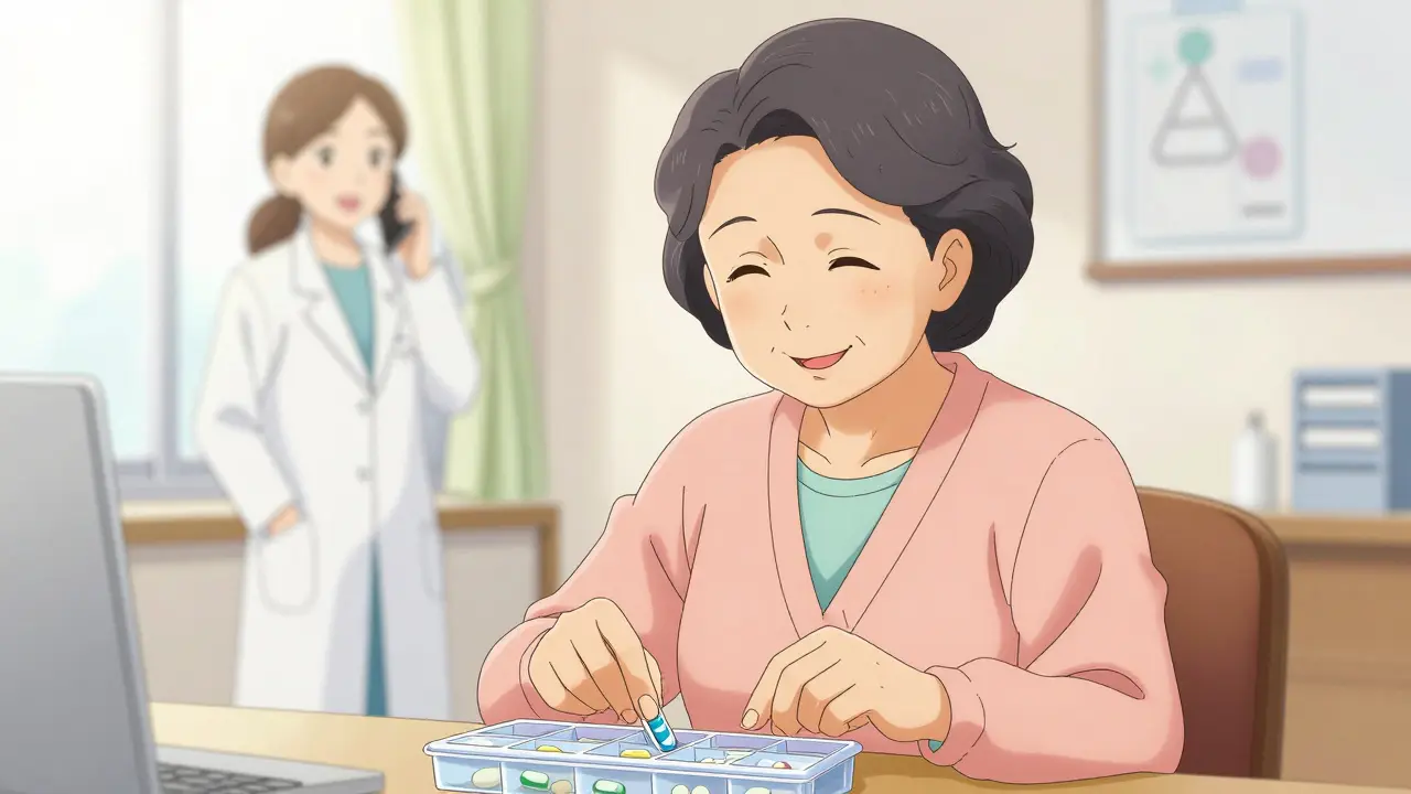 Elderly woman using pill organizer with pharmacist follow-up call