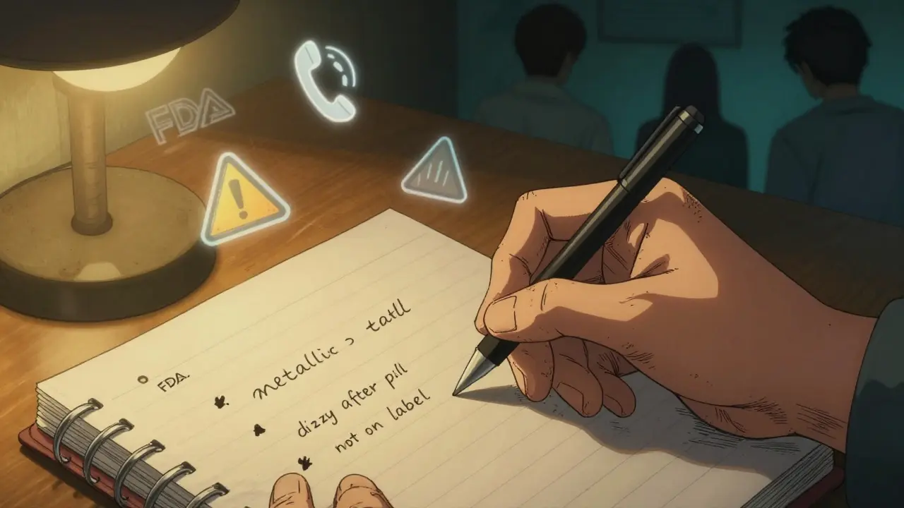 Hand writing down unusual side effects in a notebook with floating safety icons above.