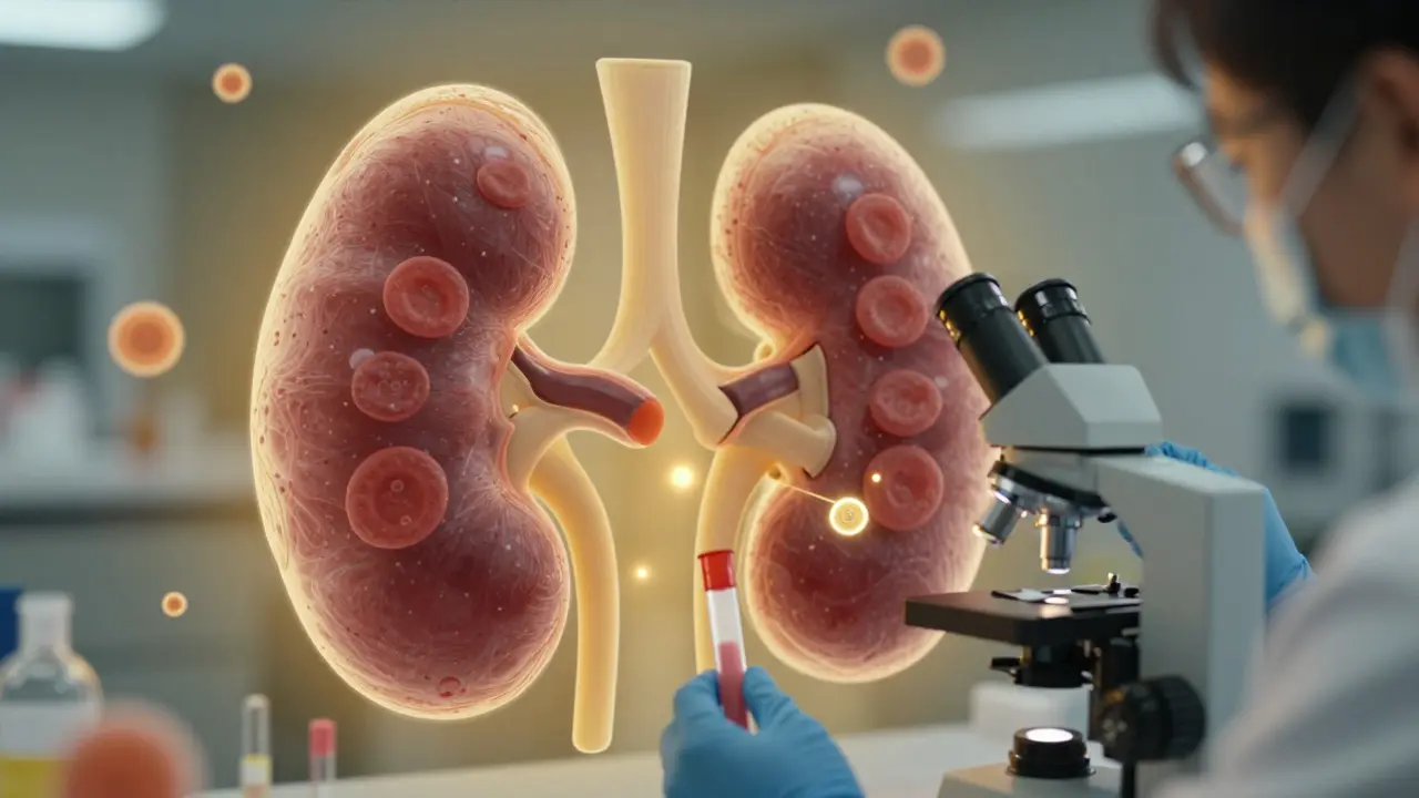 Lab technician analyzing blood sample with kidney filtration process.