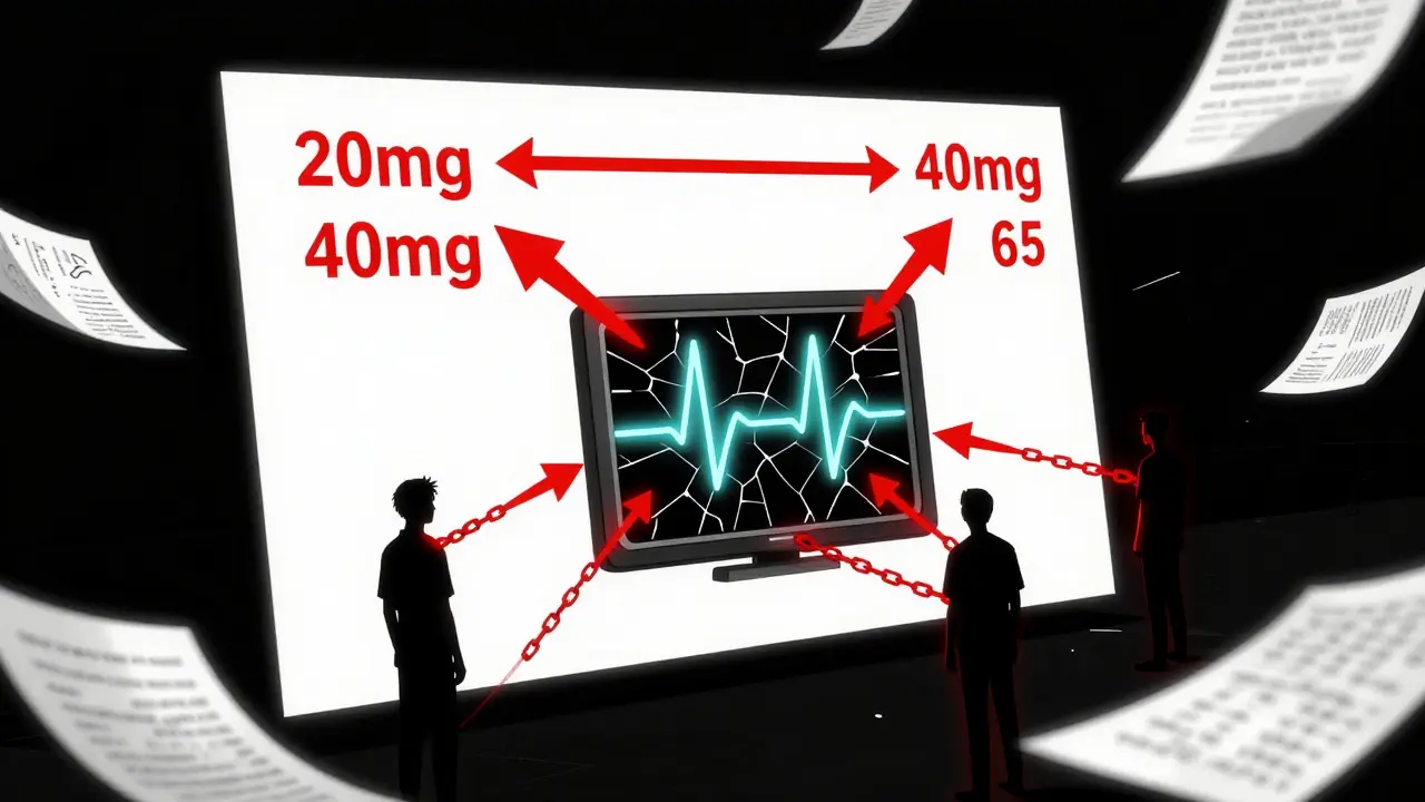 Medical chart with dose limits and patient risk factors connected by red lines