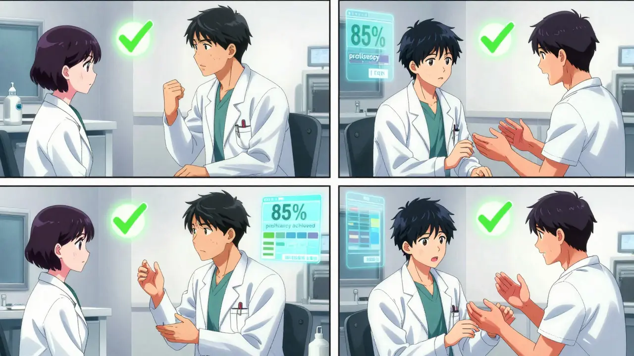 Medical students in simulation lab, three-panel progression showing improved patient conversation with digital proficiency feedback.