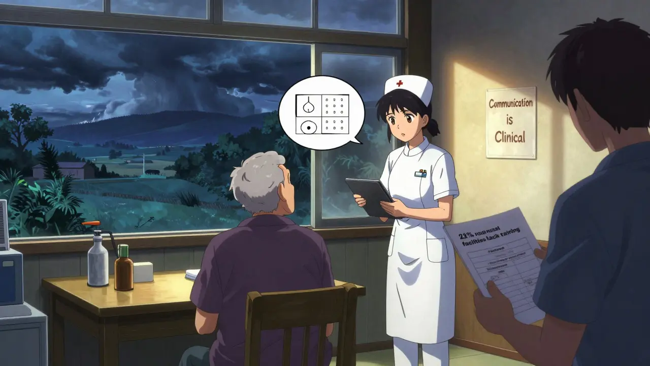 Nurse guiding elderly patient in rural clinic at dusk, warm light contrasts stormy outside, teach-back diagrams visible on tablet.