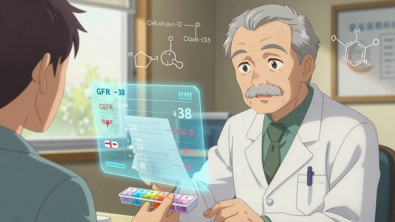 Pharmacist reviewing medication chart with holographic kidney and liver function data for an older patient.