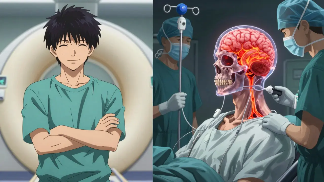 Split scene: a patient refusing a CT scan on one side, and the same patient in surgery with a massive brain bleed on the other.