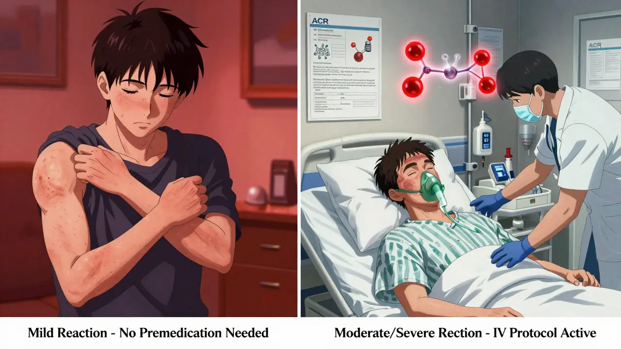 Split scene: calm patient with mild reaction vs. emergency response for severe reaction with medical charts.