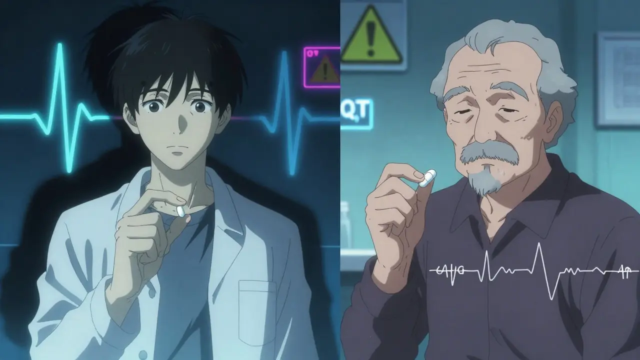 Split scene comparing citalopram and escitalopram doses with warning shadows