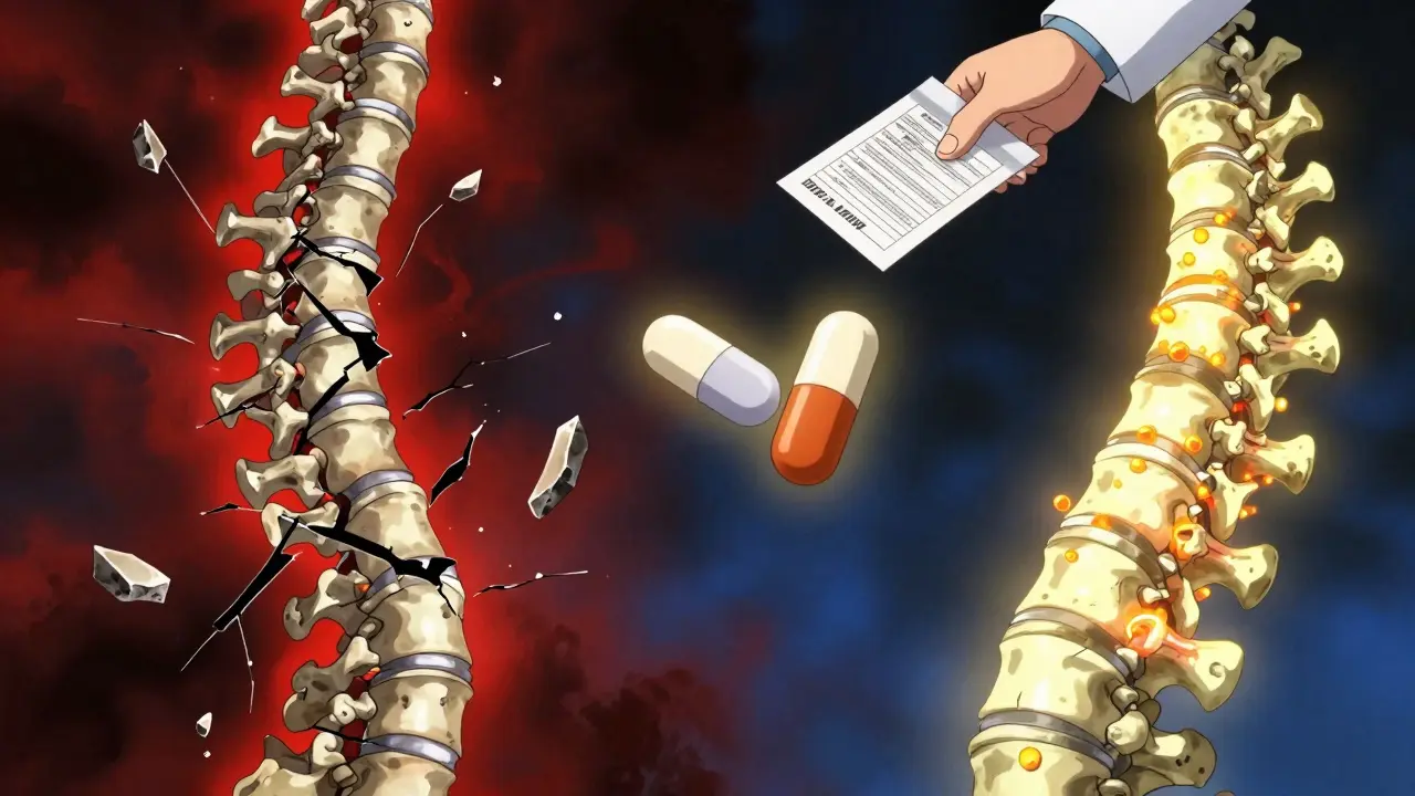 Split scene: fractured spine vs. healed spine with medication symbols between them.