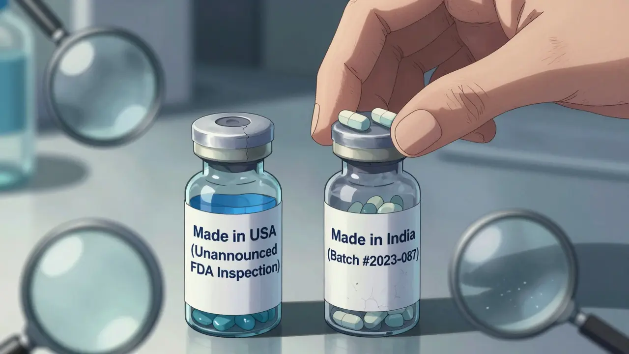 Two identical pills side by side, one from USA with clean markings, one from India with visible defects, under magnifying glasses.