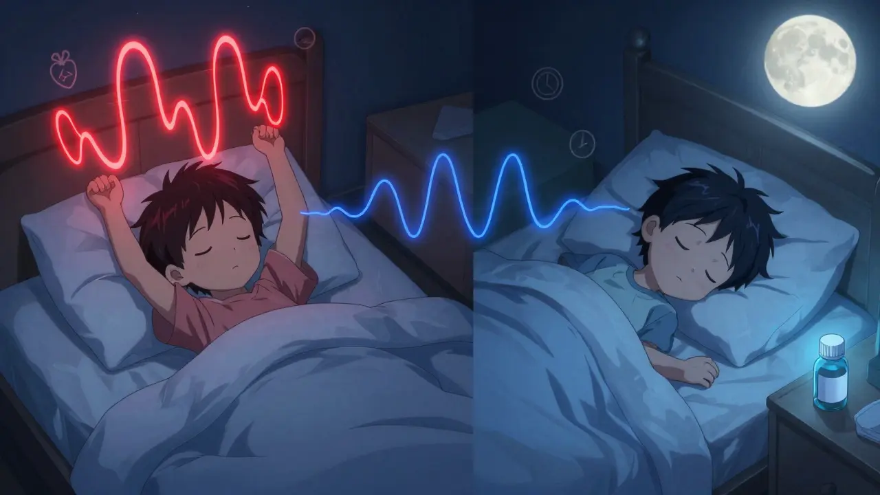A child struggles to sleep at night as stimulant waves linger, then peacefully sleeps as calm blue waves replace them.