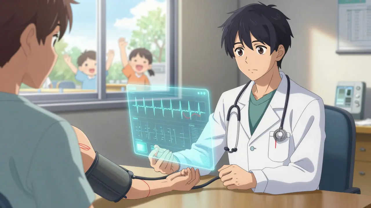 A doctor monitors a patient's heart health, with holographic data showing long-term risks while a child thrives in class behind them.