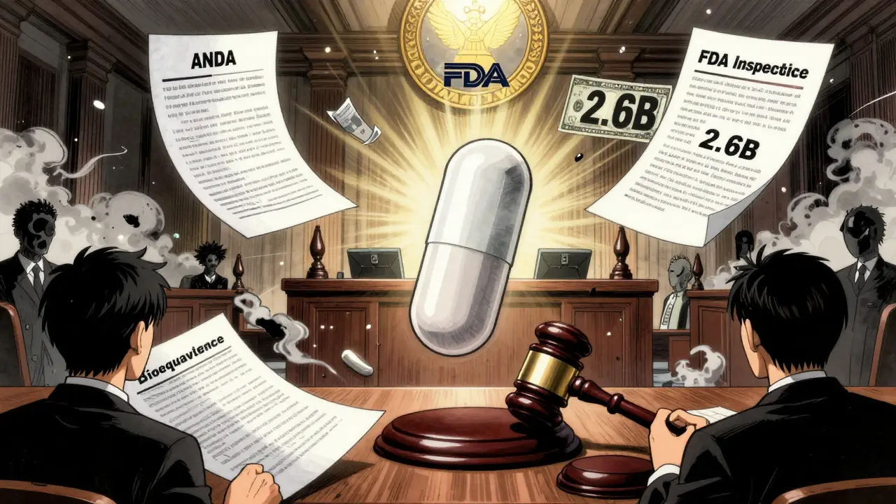 A generic pill in the center of legal documents and crumbling research costs, with an FDA seal shining above in a dramatic courtroom scene.