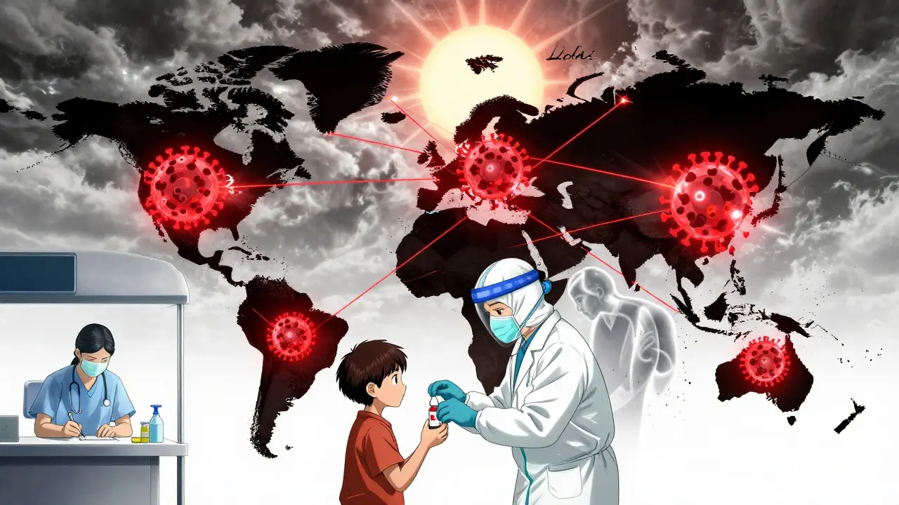 A global map glows with 40 countries issuing pandemic-era licenses as a healthcare worker delivers medicine to a child.