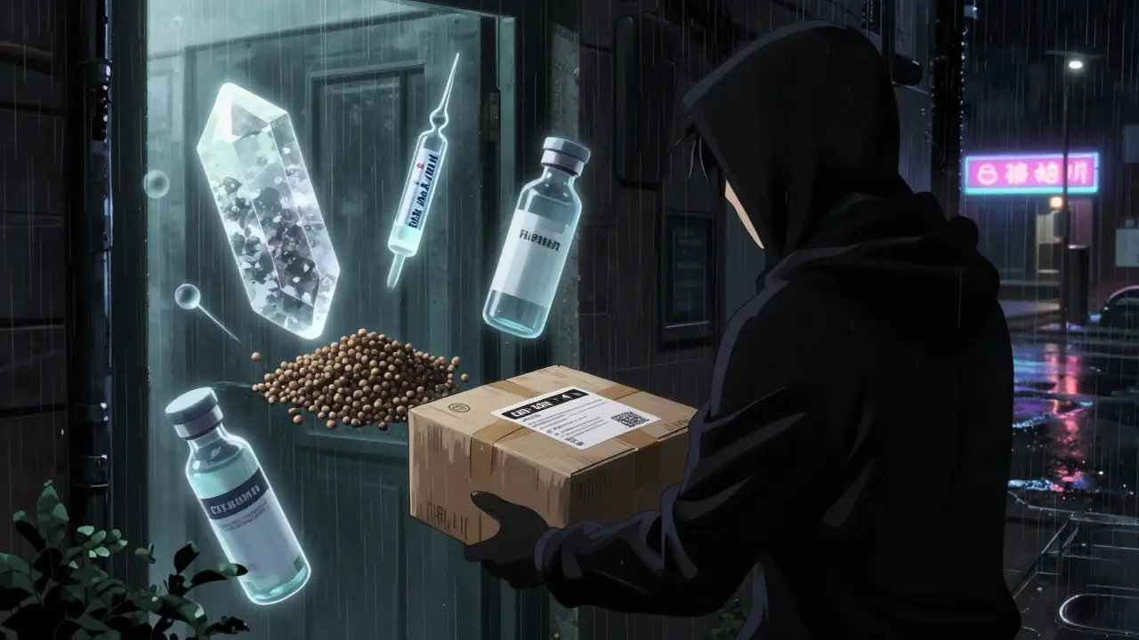 A masked delivery person leaving a suspicious package at a doorstep at night with ghostly toxic substances floating nearby.