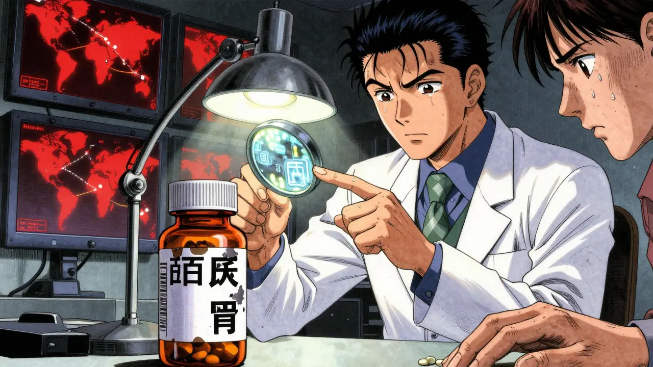A pharmacist examining a pill bottle under a lamp, revealing security features, while a patient looks on in concern.