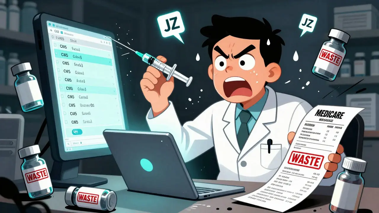 A pharmacy technician struggles with JZ modifier codes and discarded vials amid chaotic billing documents.
